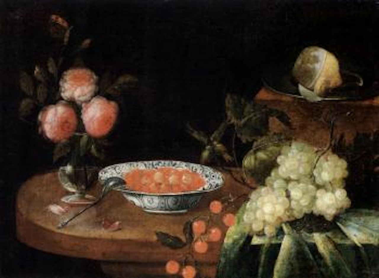 Still life of roses, strawberries and lemon on table by Dutch School