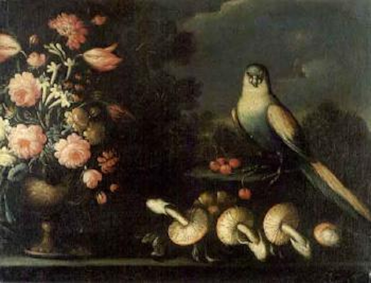 Vase with flowers and parrot. Flowers in basket with dog and bird by Italian School