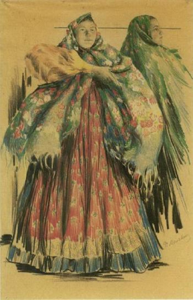 Two young peasant girls with floral shawls by Filip Malyavin