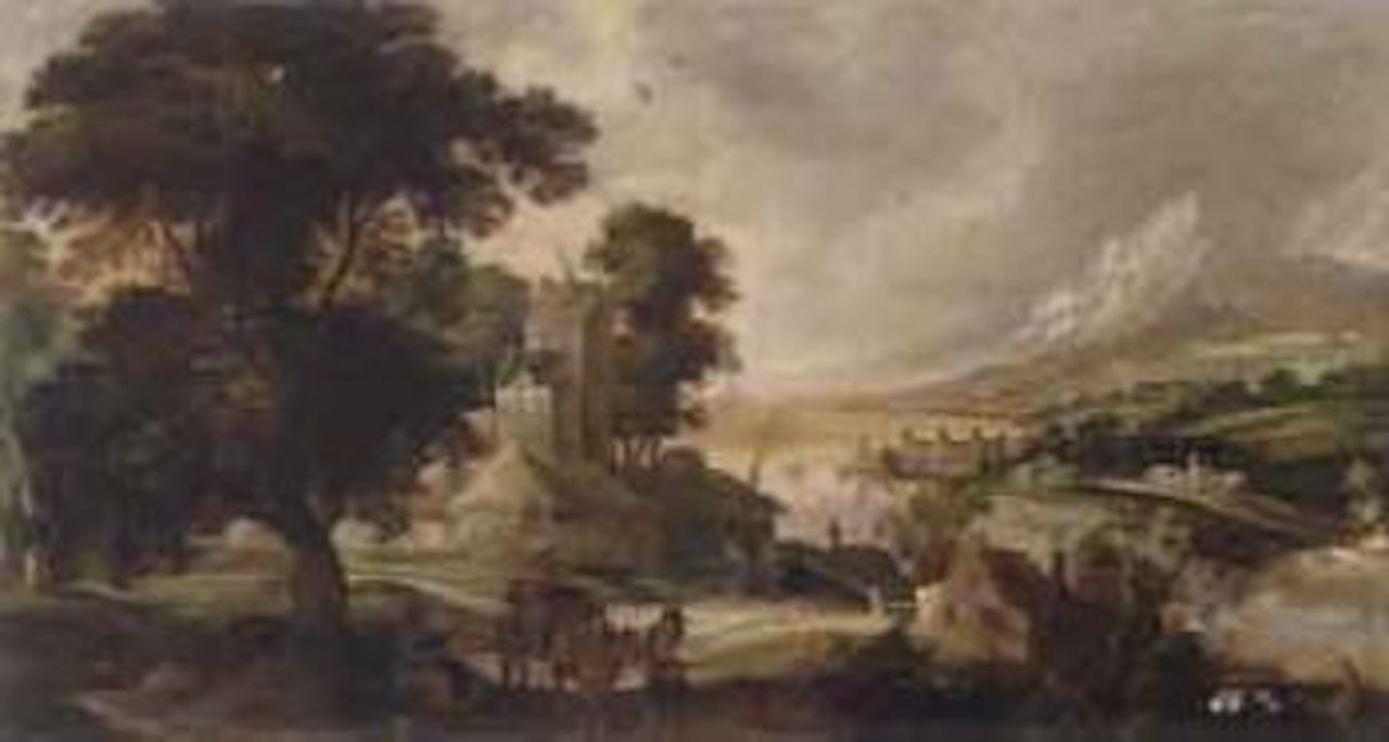 River landscape with a horse and cart and other figures before a town by Joos de Momper the Younger