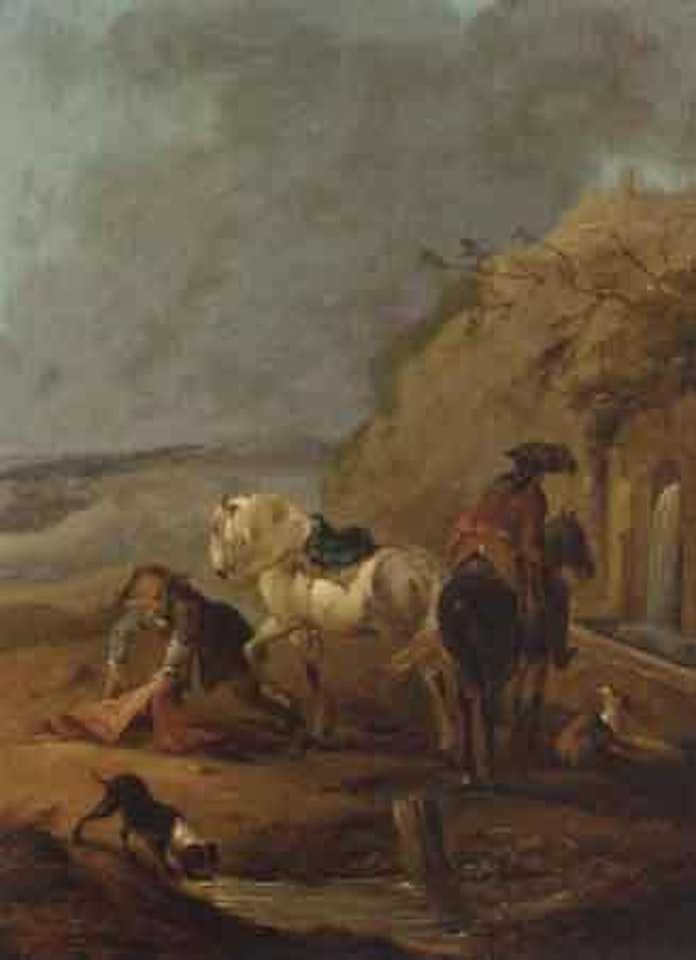 Horsemen stopping at a well. Horsemen, dogs and a child by a house by Francesco Giuseppe Casanova