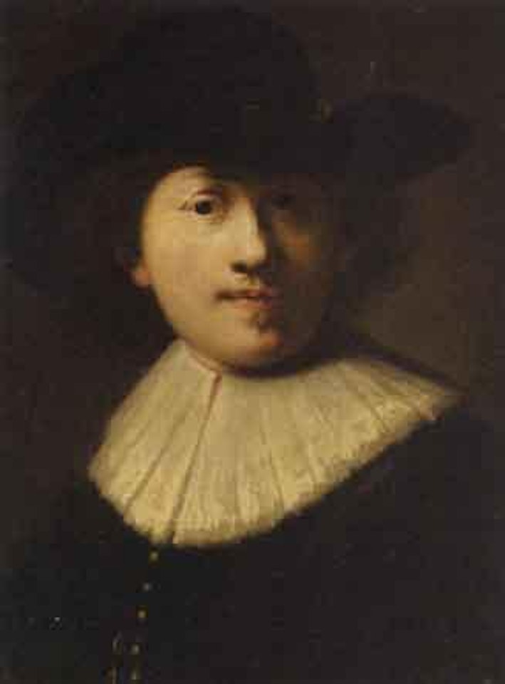 Portrait of the artist, in a black coat and hat by Attributed to Rembrandt Harmensz van Rijn