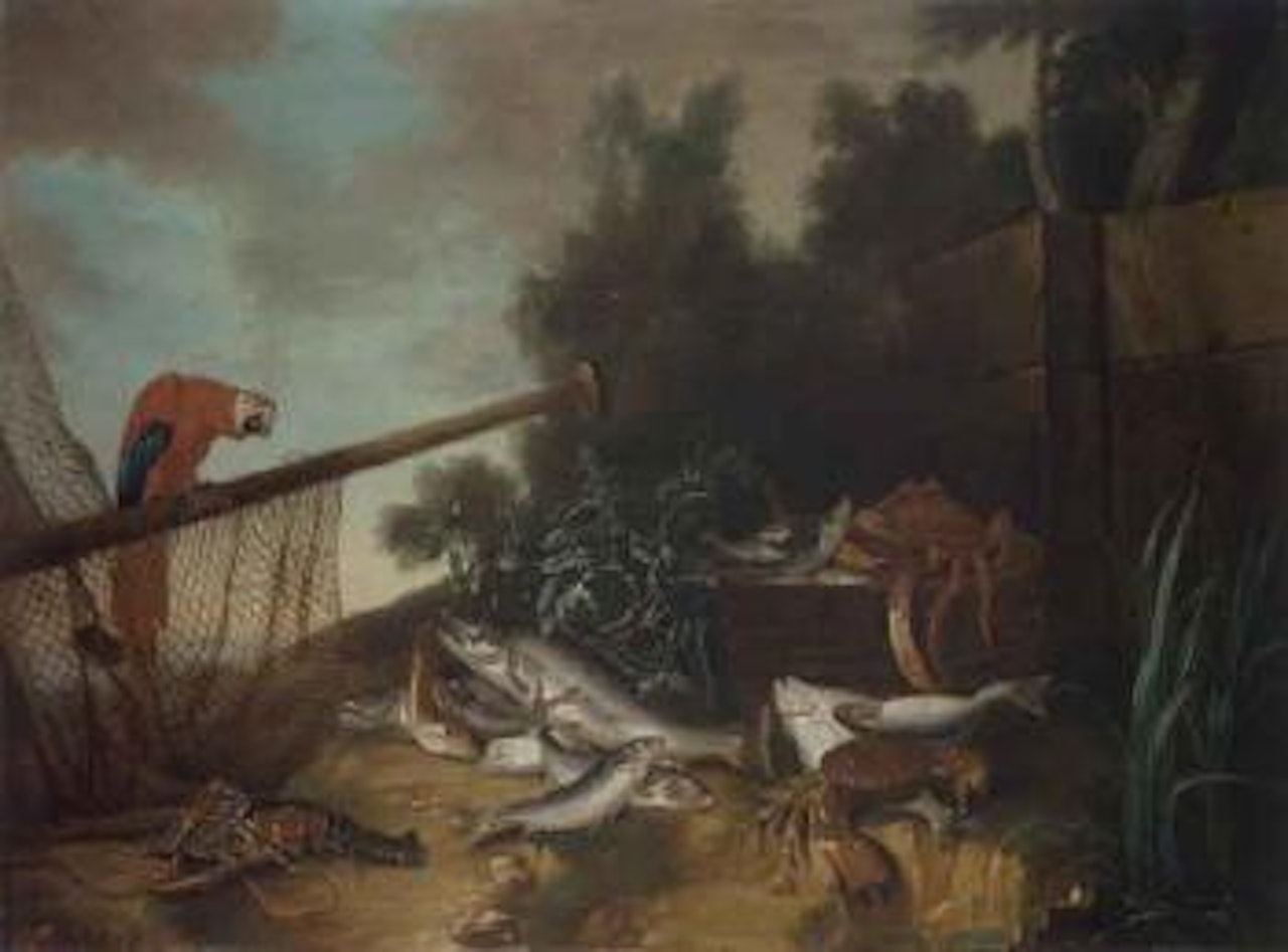 Barrel with spider crab, fish, lobster on a bank, macaw and draped net by Jean-Baptiste Oudry