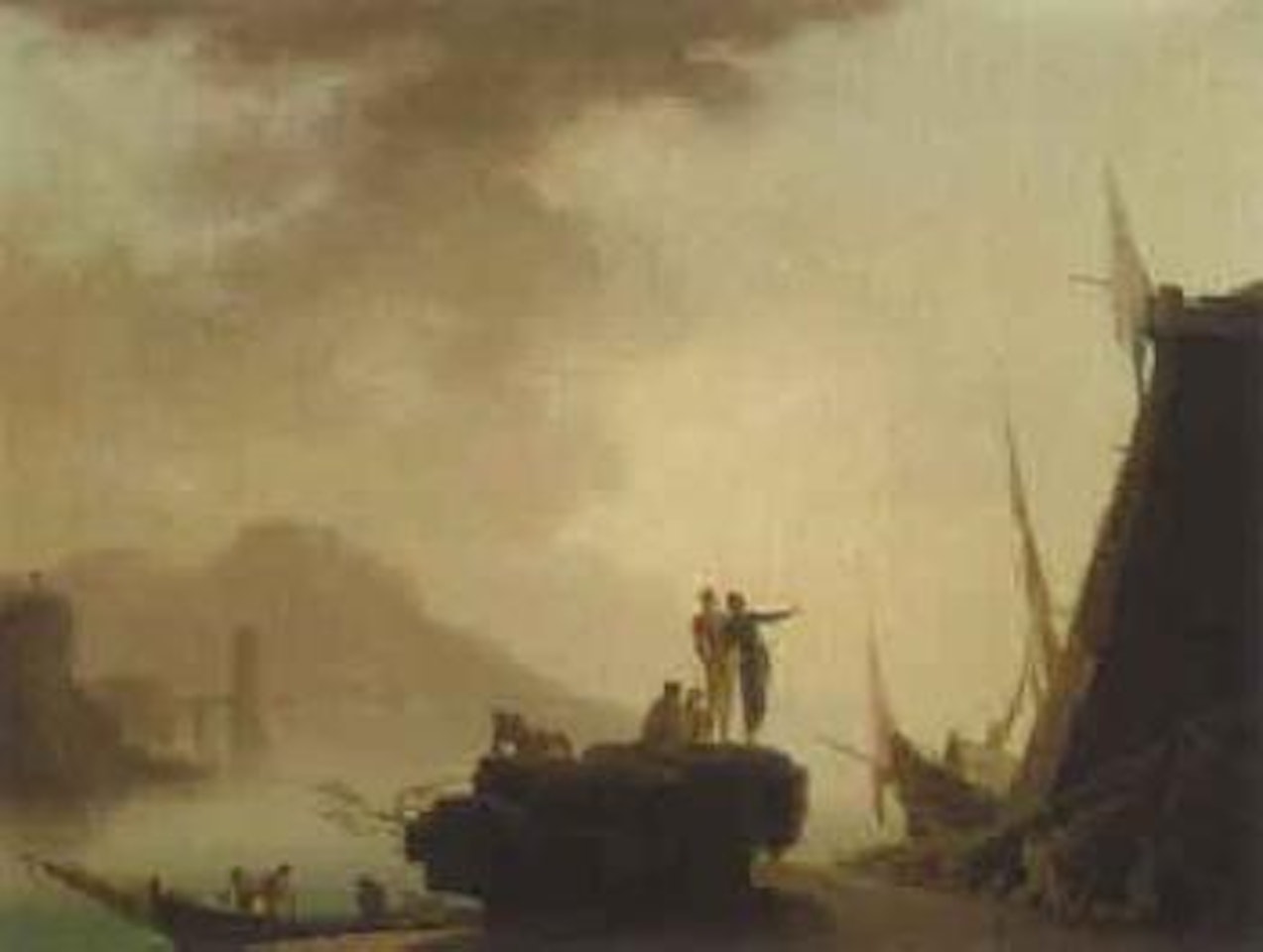 Mediterranean coastal inlet with fisherfolk on a shoreline by Claude Joseph Vernet