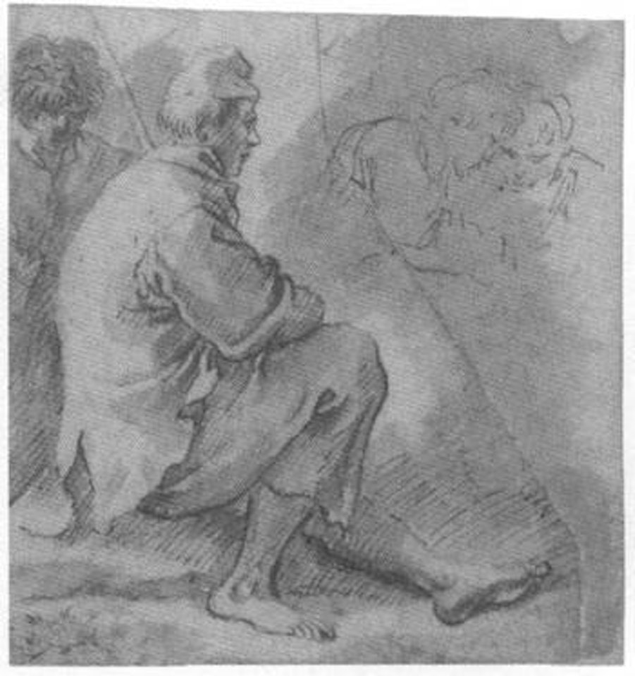 Seated boy turned to the right, two figures conversing beyond by Salvator Rosa