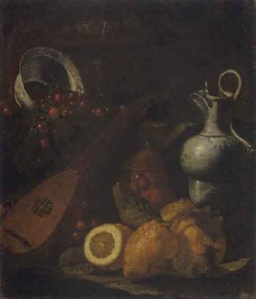 Still life of lemons, a lute, blue and white bowl with cherries, and a jug by Cristoforo Munari