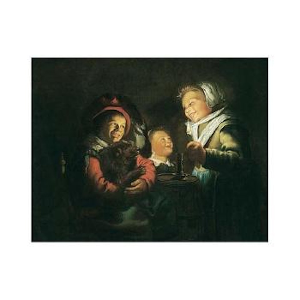 Children playing with a dog by candlelight by Jan Miense Molenaer