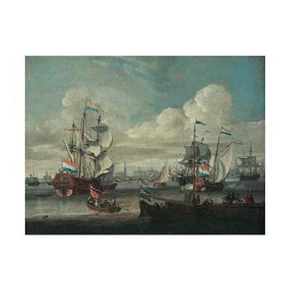 Port of Amsterdam with shipping on choppy seas by Abraham Storck
