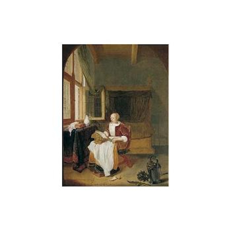 Interior with woman reading by an open window by Quirijn Gerritsz van Brekelenkam
