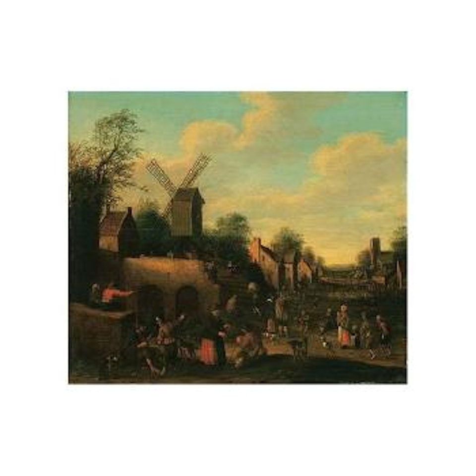 Scene in a Dutch village with beggars and figures by a windmill by Joost Cornelisz Droochsloot