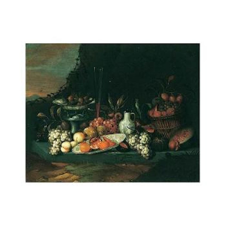 Still life of fruit, glass roemer, and fluted wine glass on a stone ledge by Jan Pauwel Gillemans