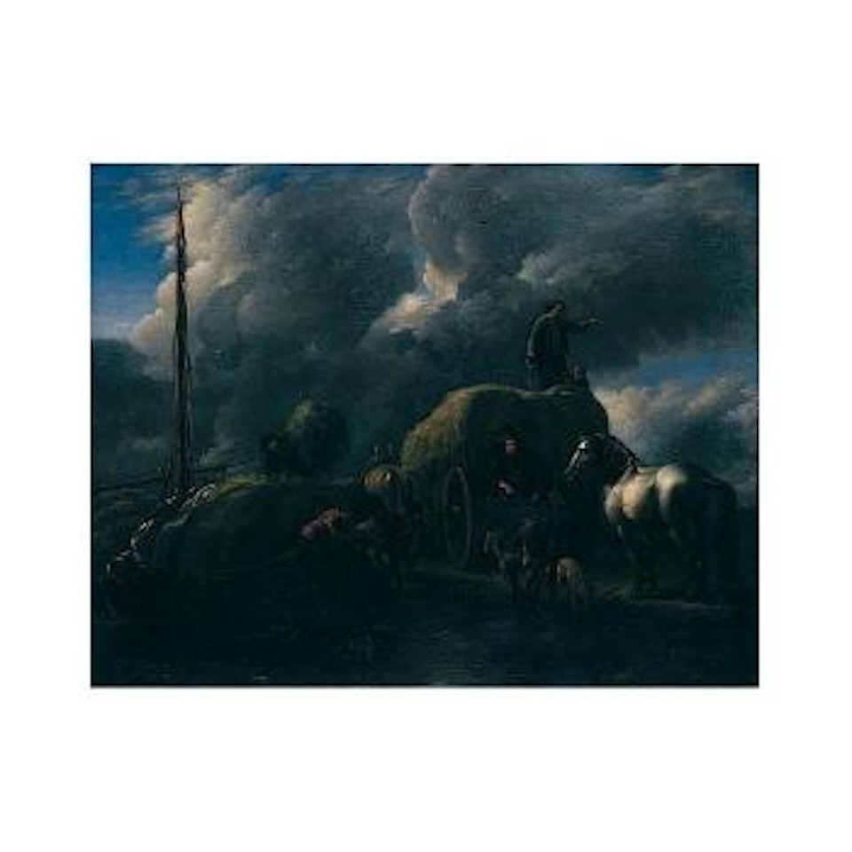 Le port au Foin, harvesters unloading hay into a barge by a river by Philips Wouwerman