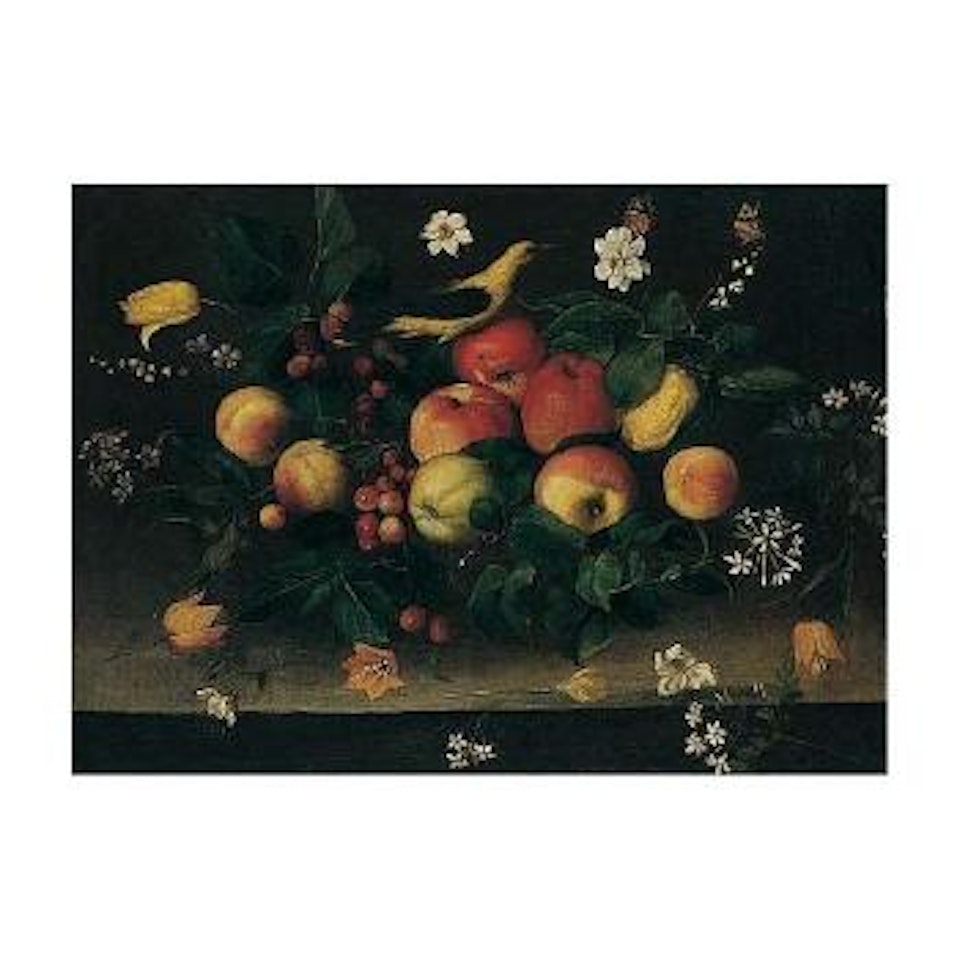 Still life of apples, other fruit, flowers, butterflies and a bird on a ledge by Spanish School
