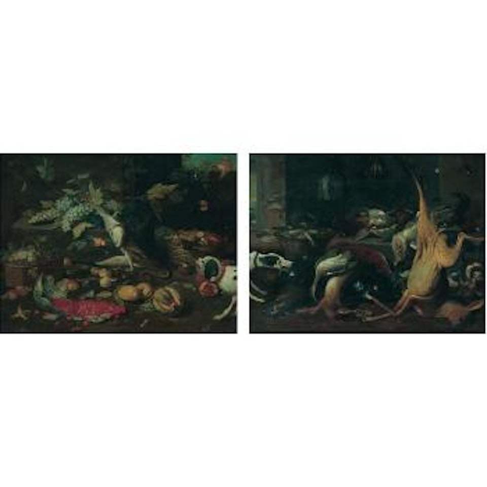 Still life of fruit, dog and monkey. Still life of game, dog and cat by Jan Van Kessel The Elder