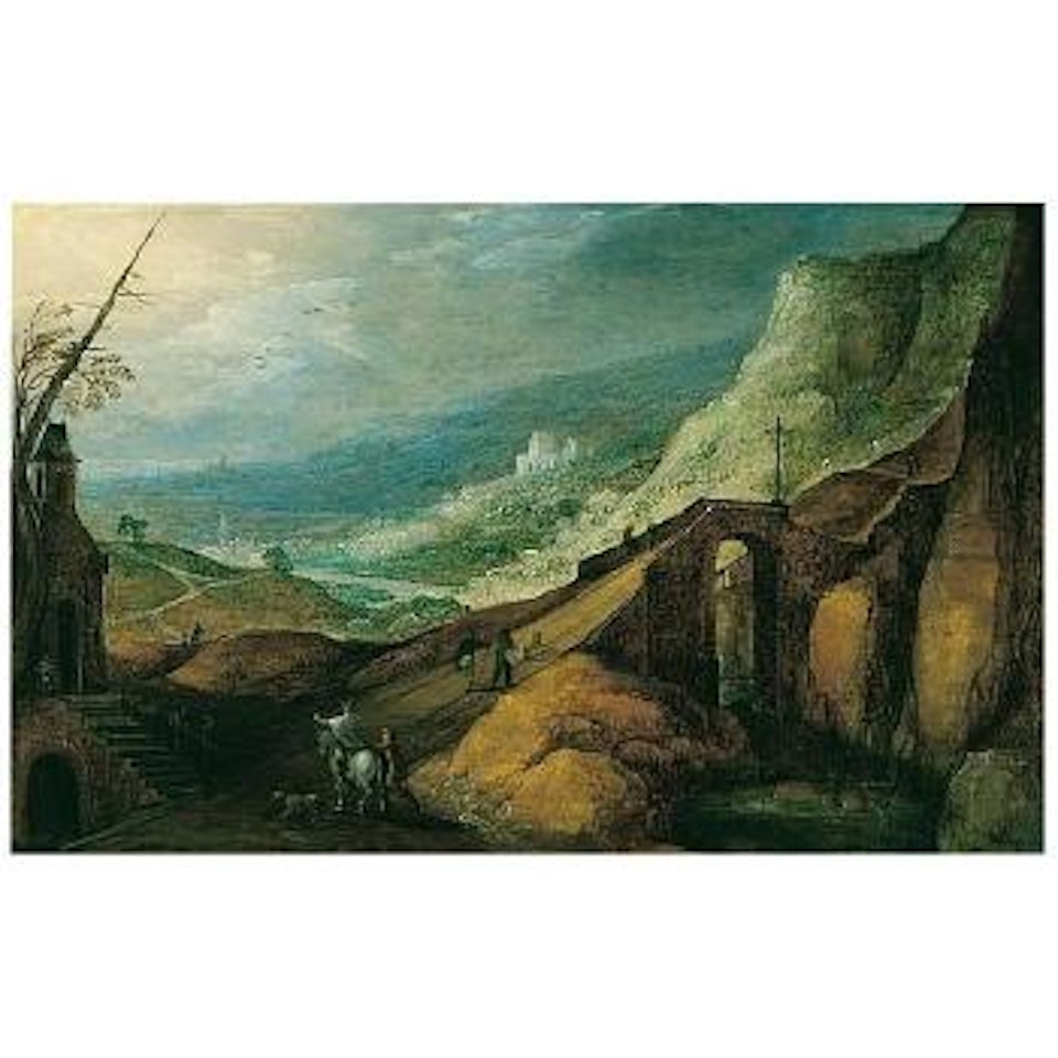 Rocky river landscape with travellers crossing a bridge near a chapel by Joos de Momper the Younger