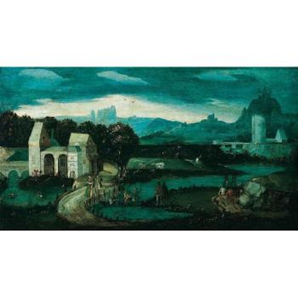 Panoramic landscape with elegant figures by a meandering river by Netherlandish School