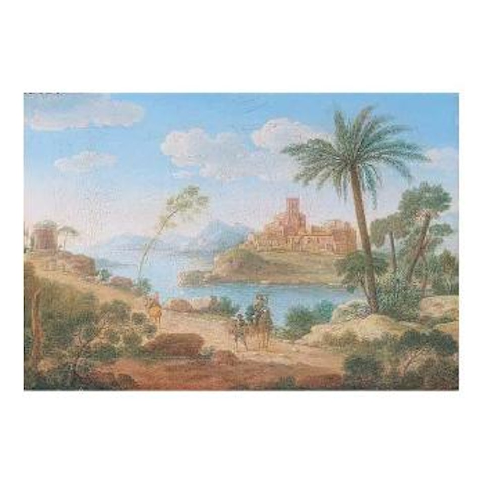 Italianate landscape with falconer on a path near a classical rotunda by Giacomo van Lint