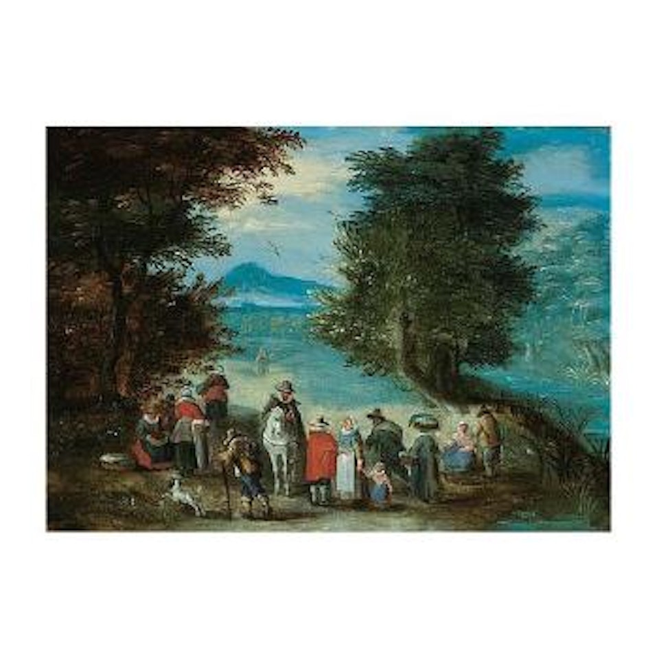 Landscape with travellers resting by the roadside by Karel Beschey