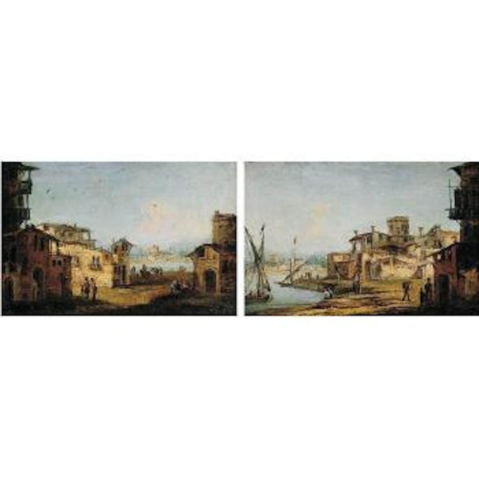 Capricci of the Venetian Lagoon with peasants resting before houses by Michele Marieschi