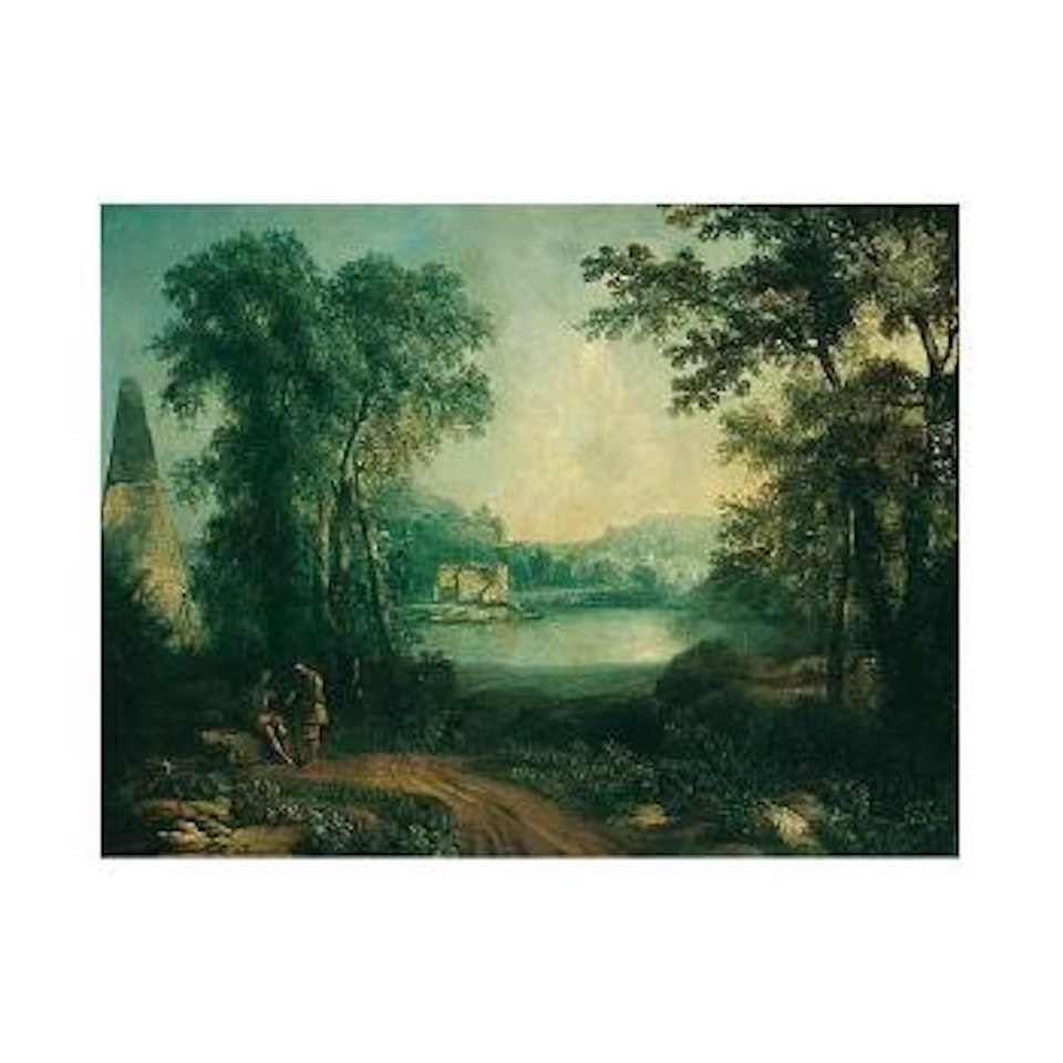 Arcadian landscape with figures conversing by ruins near a lake by French School