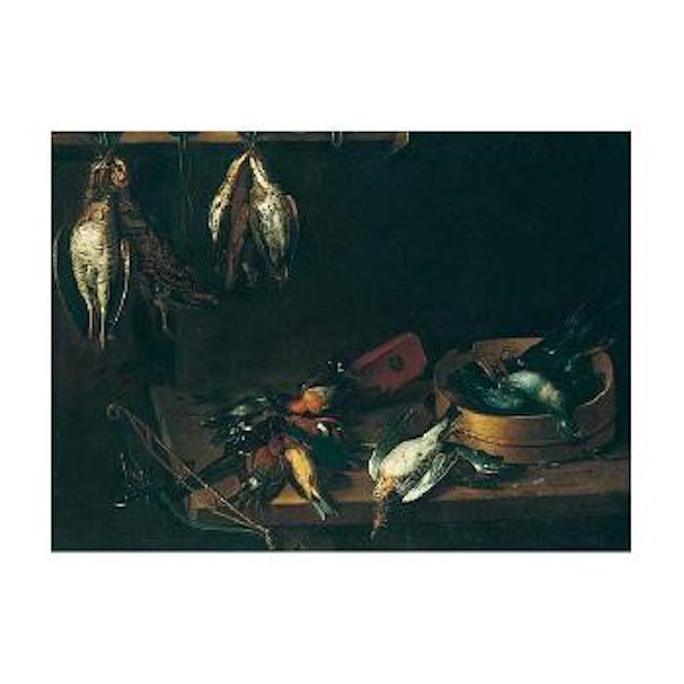 Still life of woodcock and finches hanging over a wooden table by French School