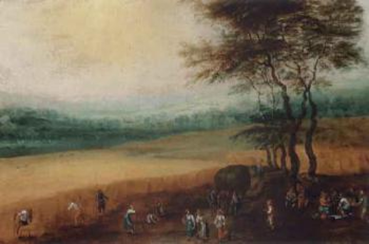 Summer landscape with peasants harvesting by Jan Brueghel by Joos de Momper the Younger