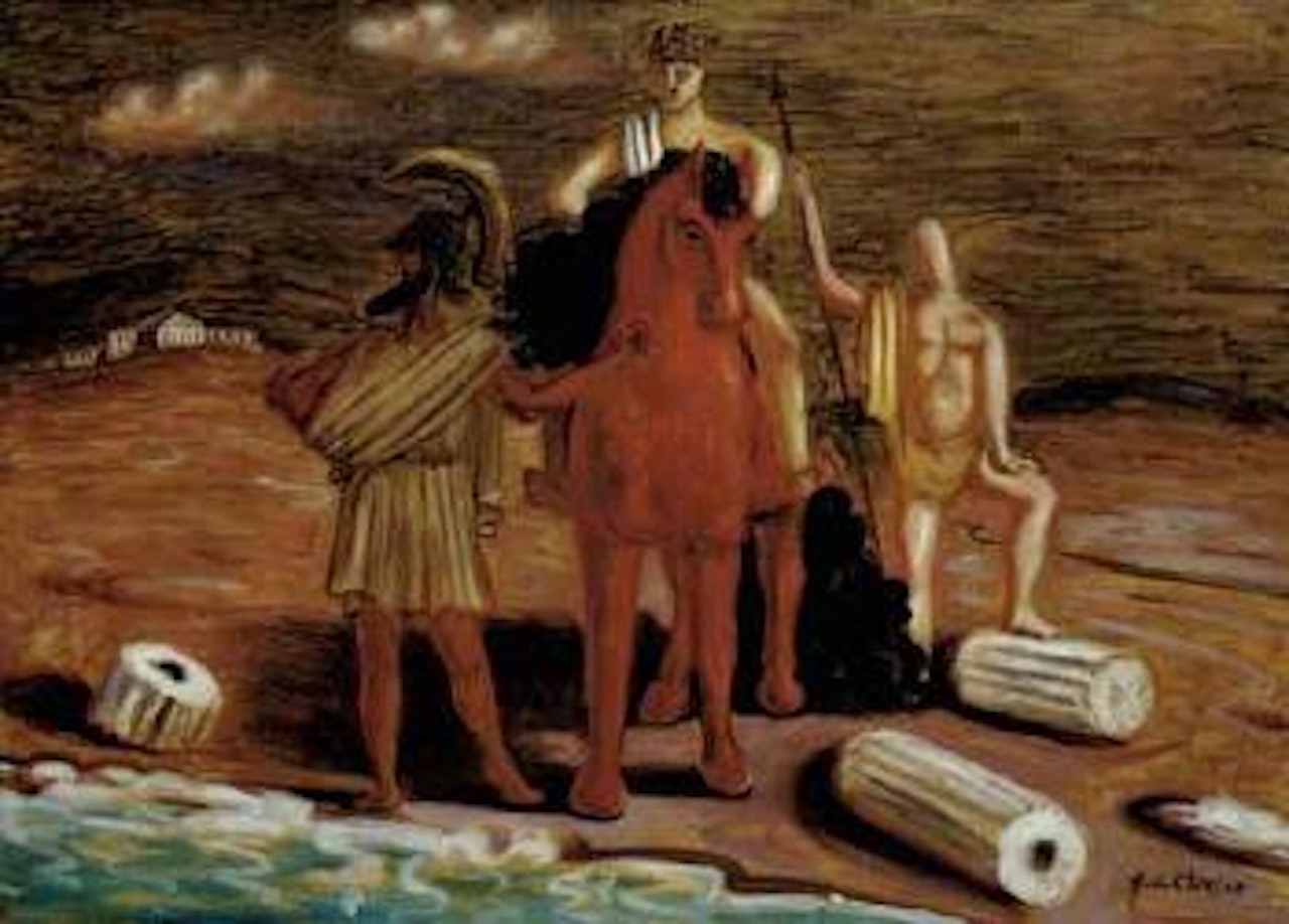 Knight with two figures on the seashore by Giorgio de Chirico
