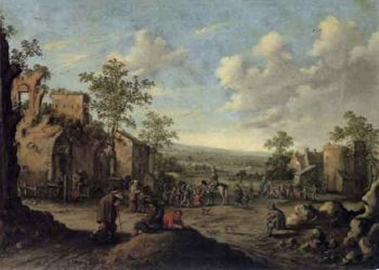 Village scene with cavalier and figures by Cornelis Droochsloot