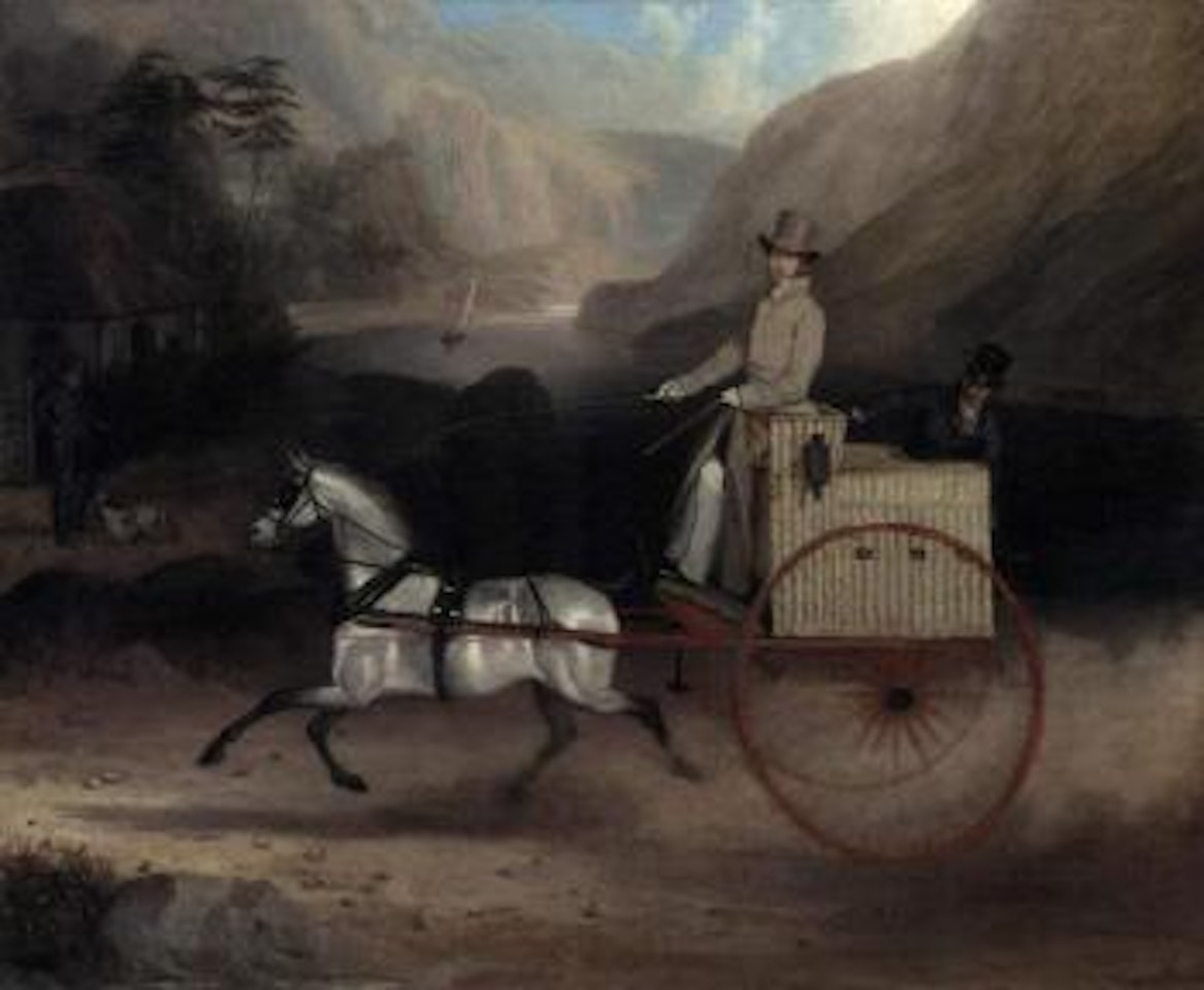 Gentleman and a man riding in a cart pulled by a white pony by English School