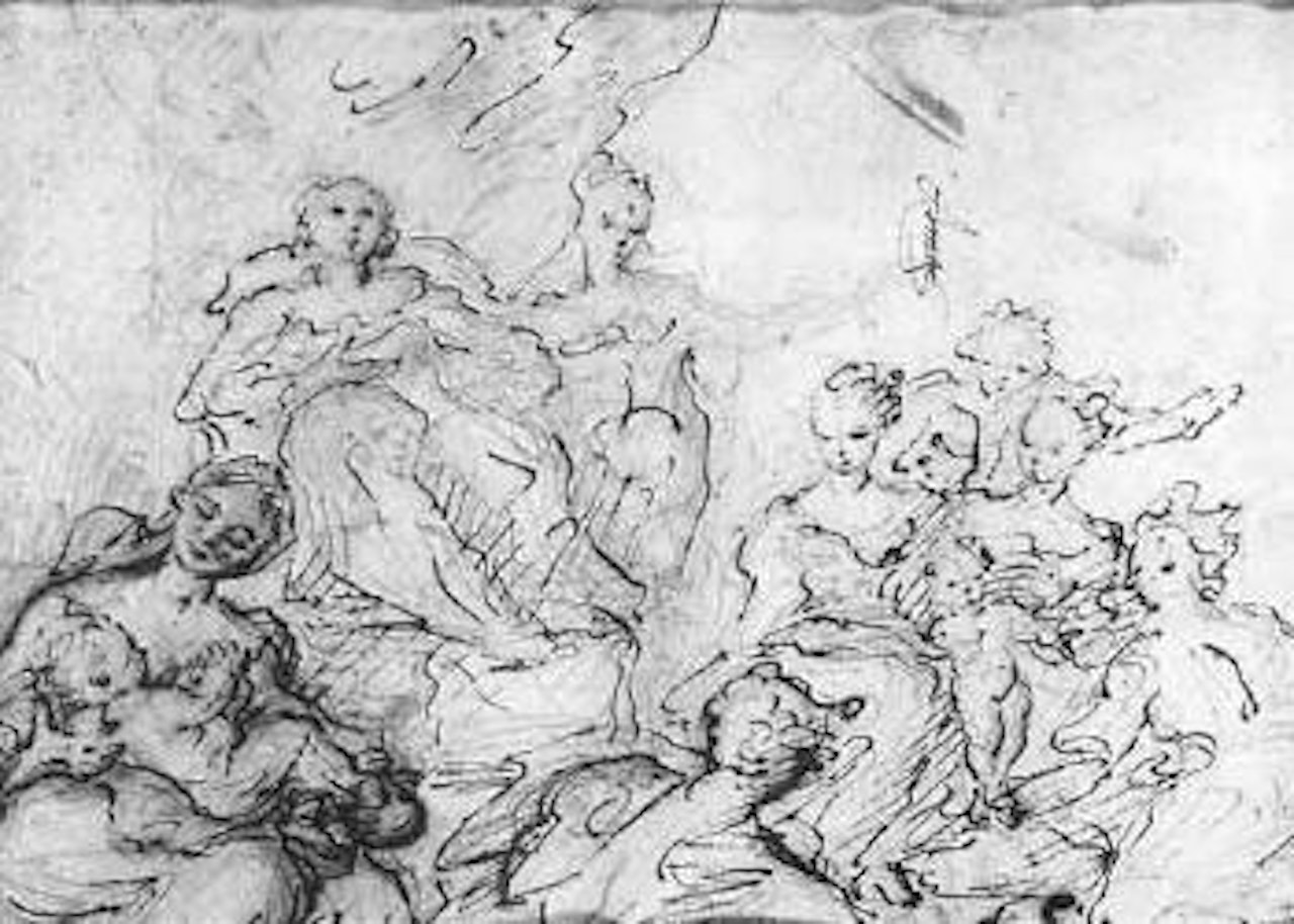 Madonna and Child accompanied by female Saints. Male figure studies by Giovanni Antonio Pellegrini