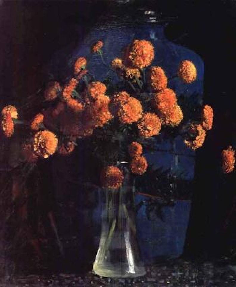 Marigolds and Chinese jar by Arthur Ernest Streeton