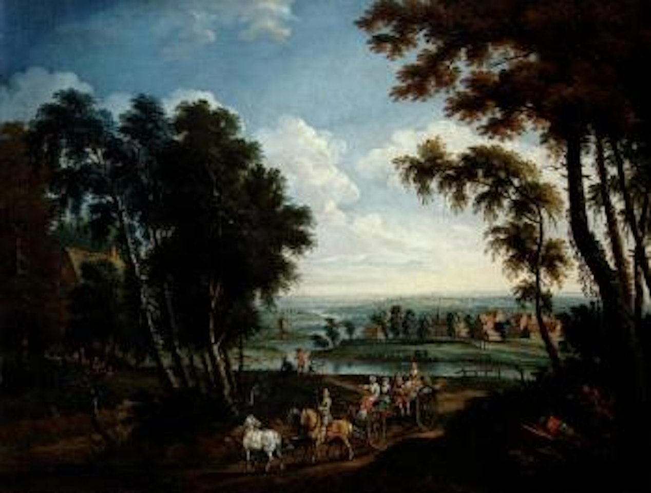 Figures in cart near village by Flemish School