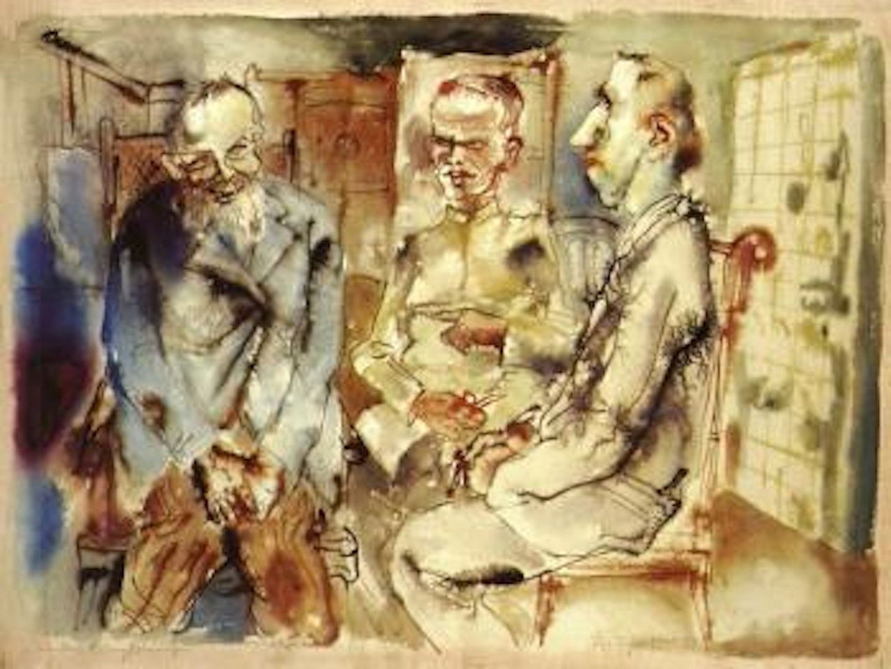 Interior scene with three men by Rudolf Schlichter