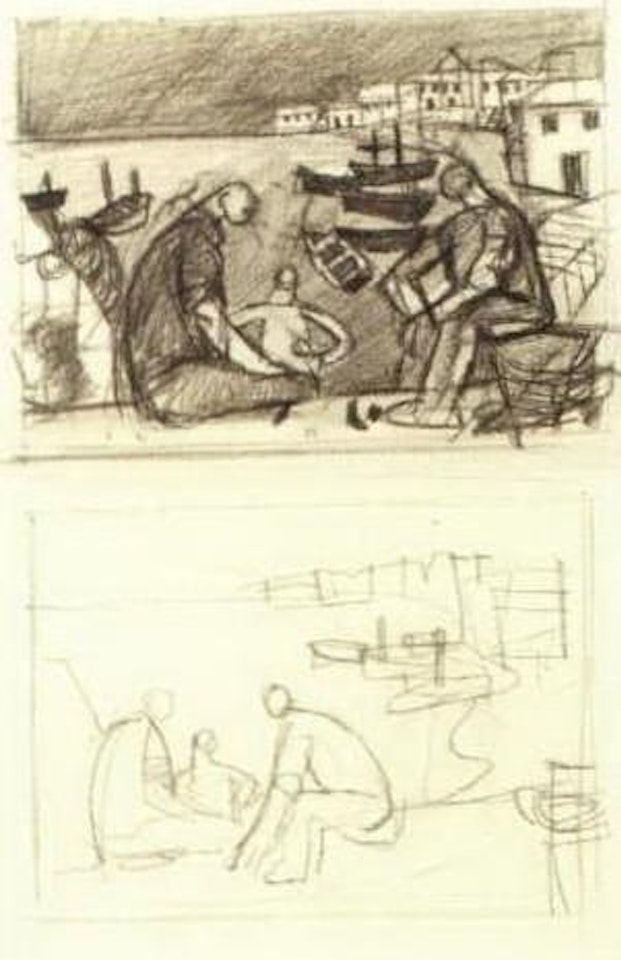 Three figures with harbour background by Keith Vaughan
