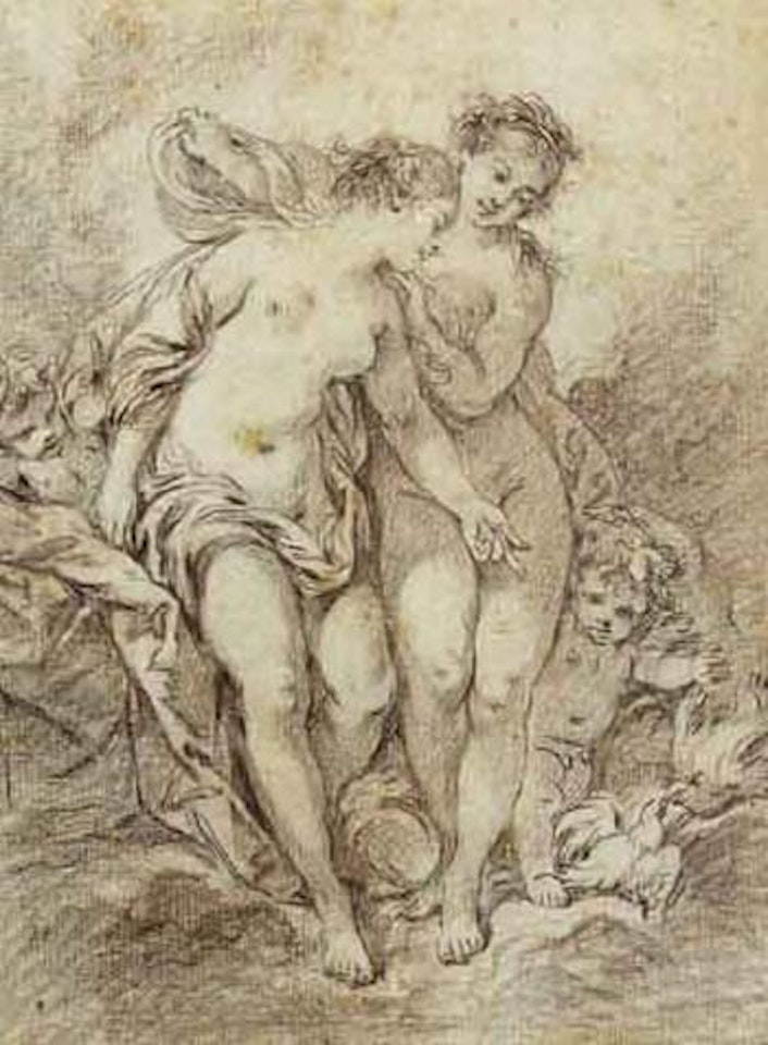 Deux nymphes et deux amours regardant des colombes by Francois Boucher