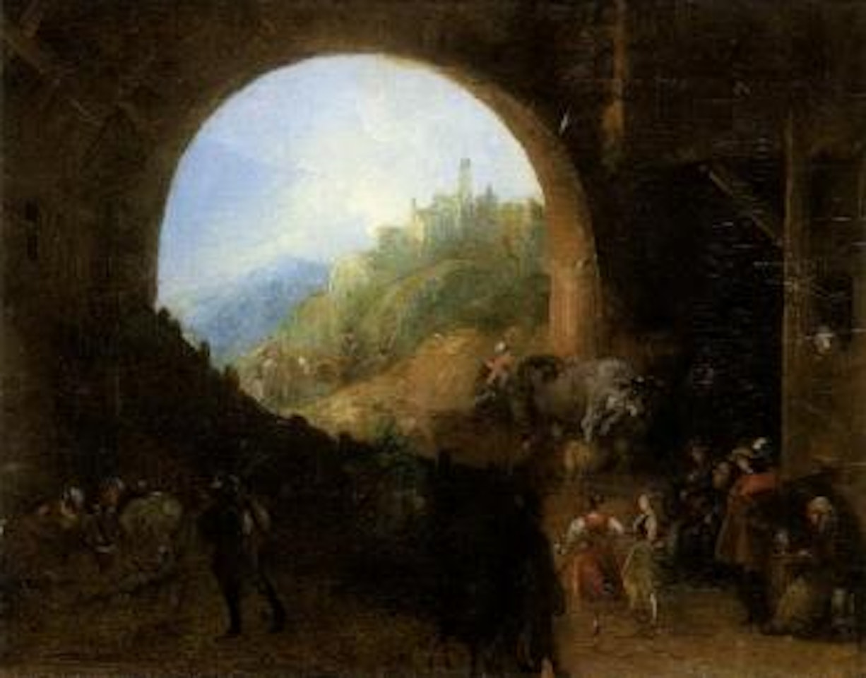 Paysans et leur troupeau se reposant sous une arcade by Giuseppe Bernardino Bison