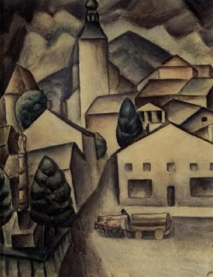 Farmer and oxes in German village by Leo Gestel