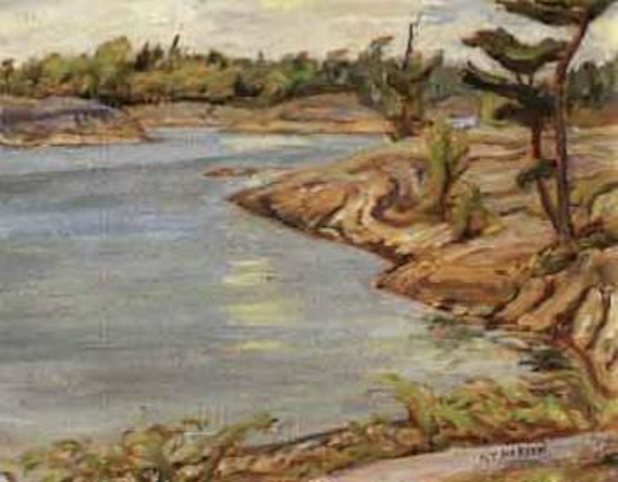 Ontario river and shoreline. Boat and buildings by Alexander Young Jackson