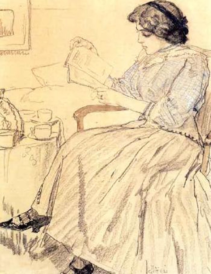 Lady reading a book seated at table by Leo Gestel
