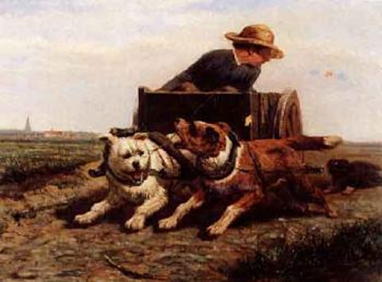 Young boy on a dog drawn cart by Henriette Ronner-Knip