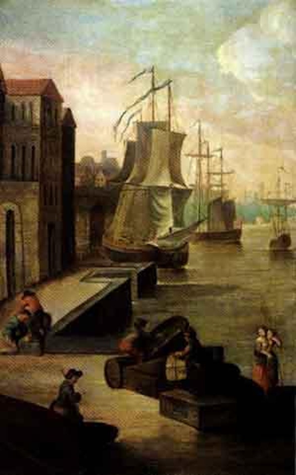View of harbour with figures by Dutch School