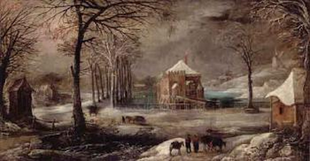 Winter landscape with small palace by lake and figures and donkeys by Joos de Momper the Younger