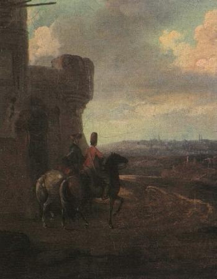 Two riders outside fortress by German School