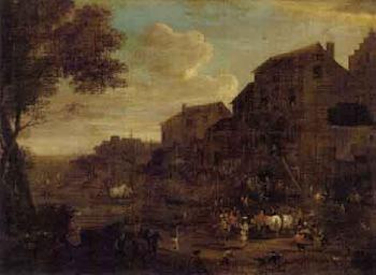 Figures merrymaking in a village by Joost Cornelisz Droochsloot
