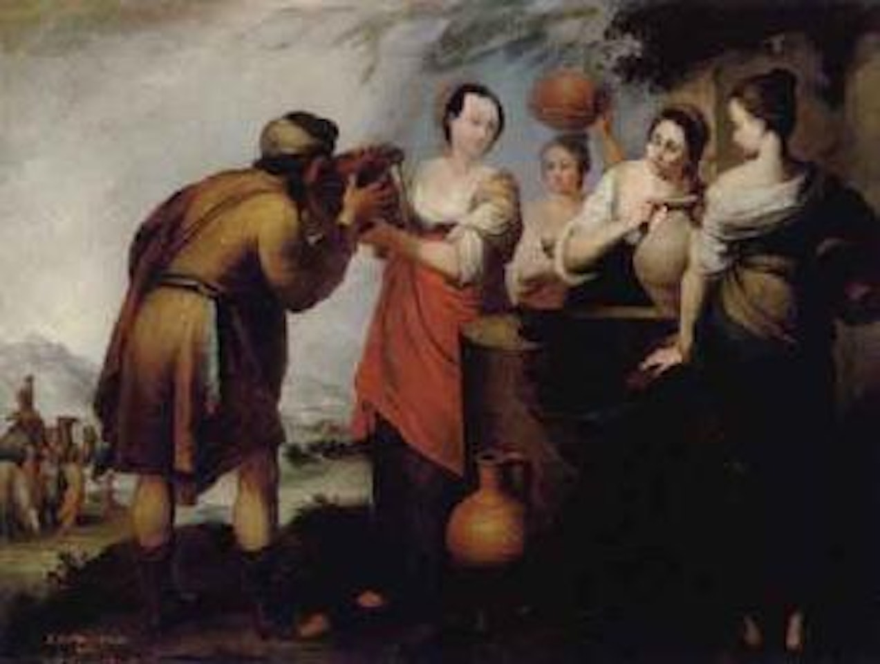Women at well giving water to thirsty wanderer by Bartolomé Esteban Murillo
