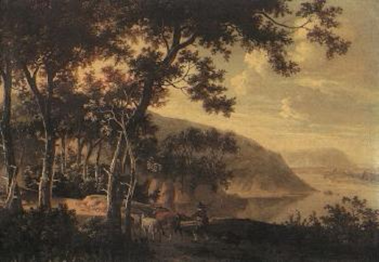 Wooded landscape with peasant, sheep, cow and dog on path by Dutch School
