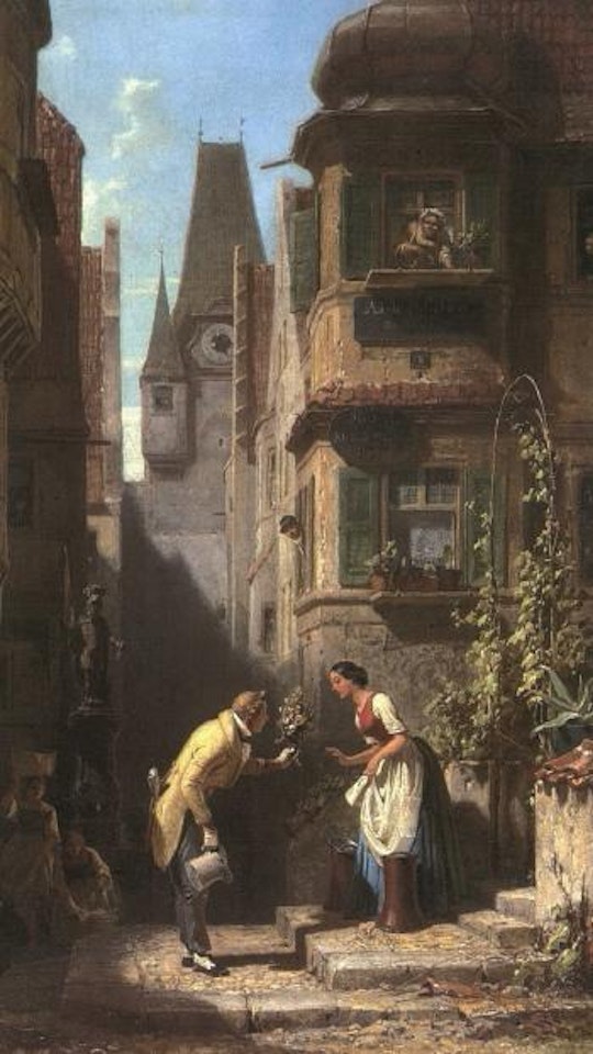 Young man offering flowers to young woman in narrow street by Carl Spitzweg