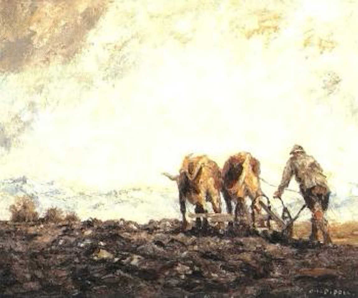 Peasant ploughing with ox plough by Otto Pippel