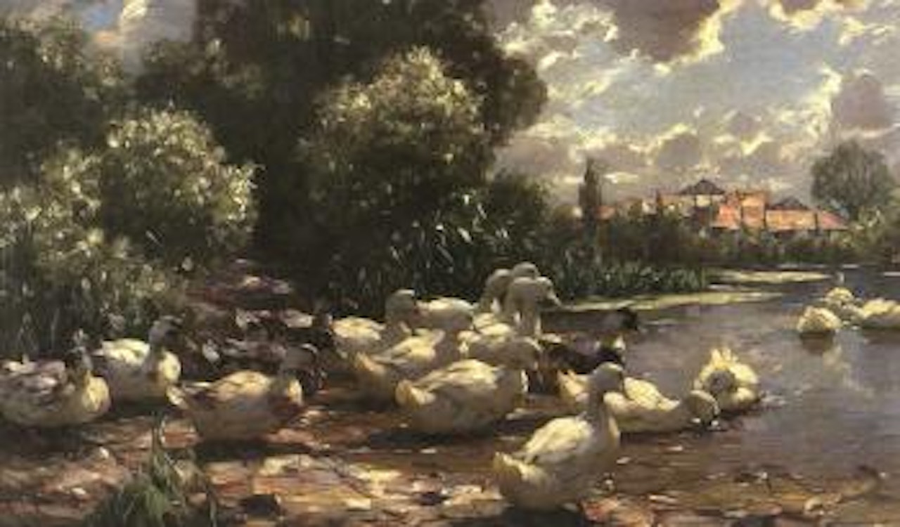 Landscape with ducks on pond by Alexander Koester
