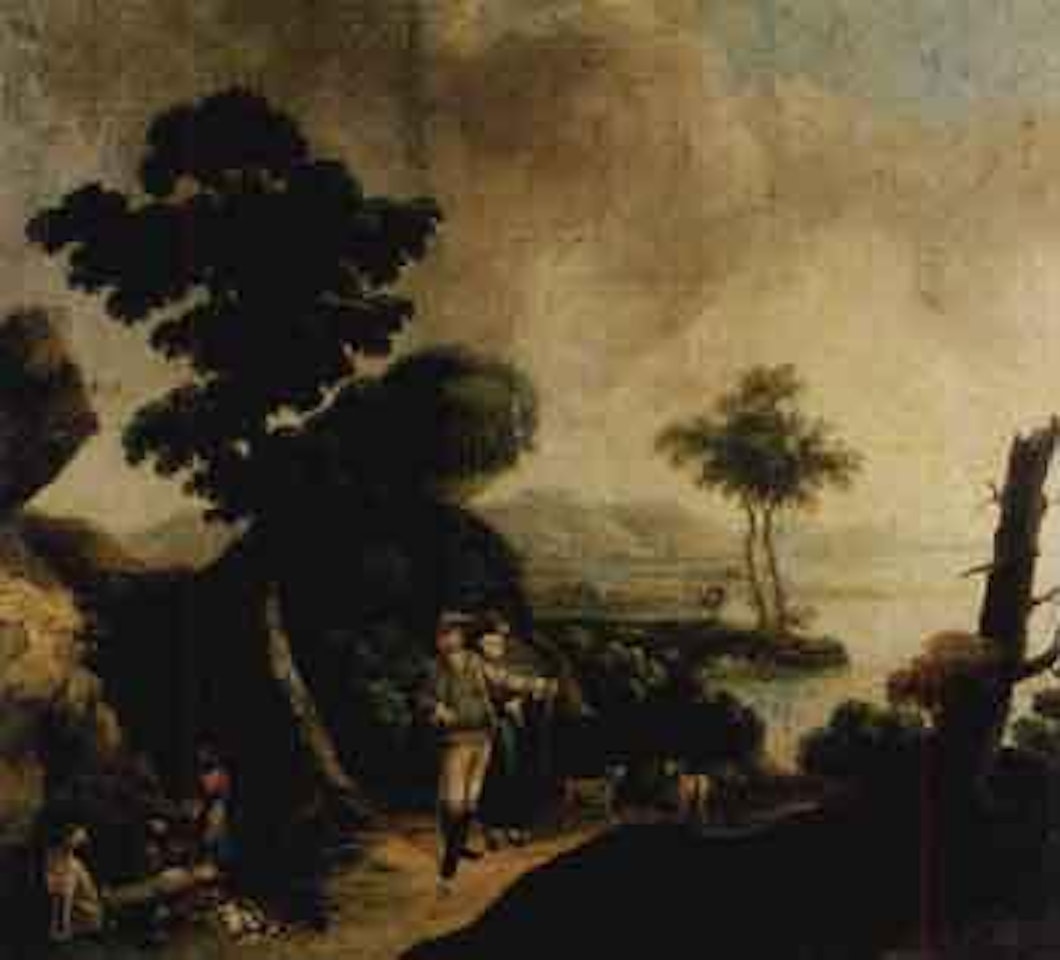 Fantasy landscape with figures and animals by French School